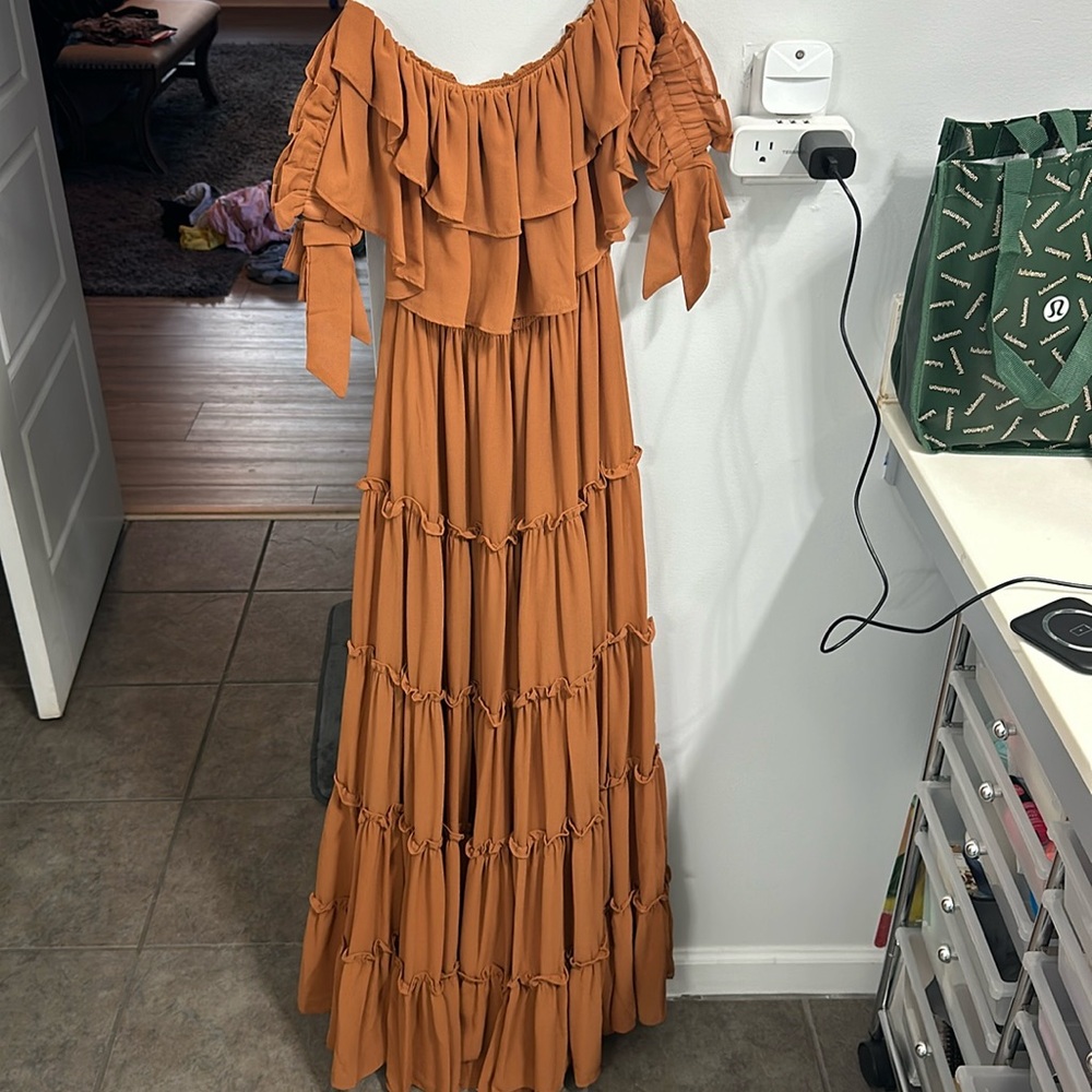 Chance for us light brown off the shoulder ruffled maxi dress, lulus XS
